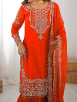 Thumbnail for Lehenga Mart Designer Sharara Suit With Kurta, Sharara, Dupatta For Women-Orange - Distacart
