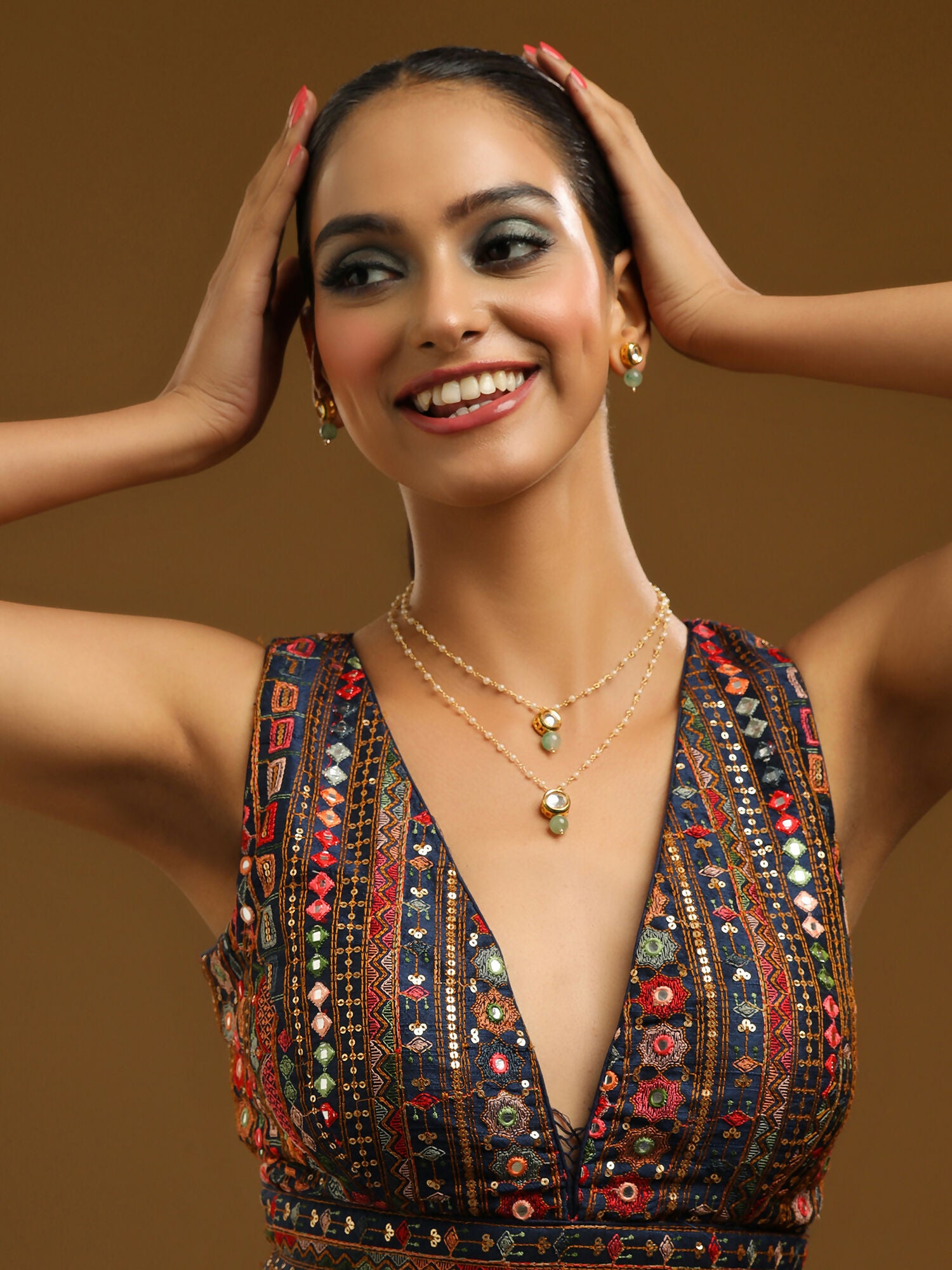 Ruby Raang Green Aventurine & Kundan Necklace with Studs - Distacart