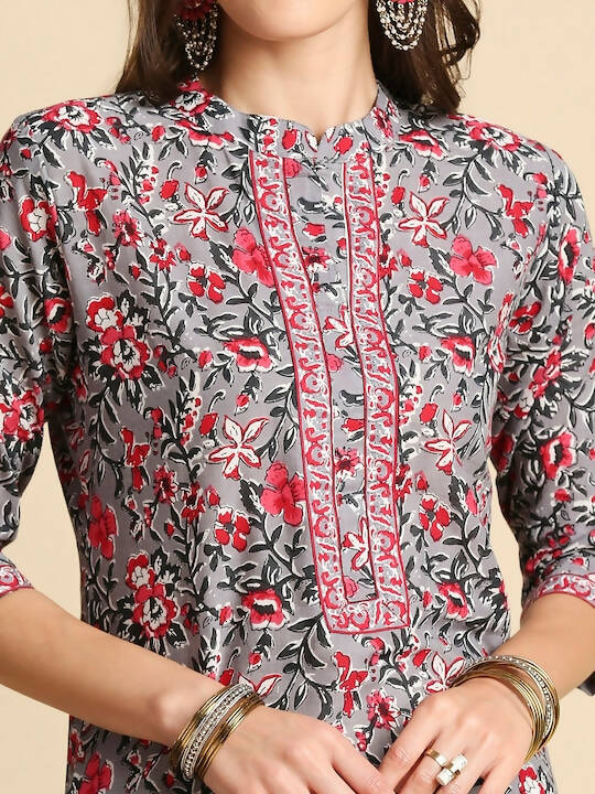 Anubhutee Women Grey & Pink Cotton Floral Kurta With Trousers & Dupatta - Distacart