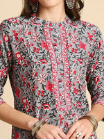 Thumbnail for Anubhutee Women Grey & Pink Cotton Floral Kurta With Trousers & Dupatta - Distacart