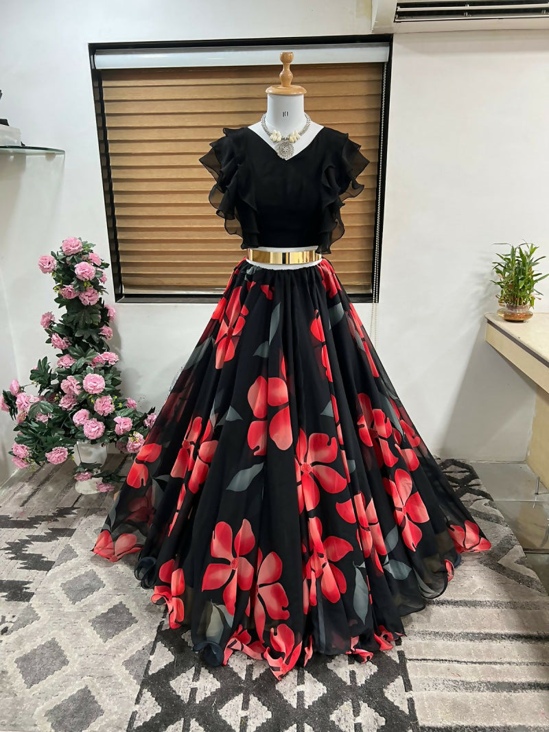 Dishitha Creation Floral Printed Stitched Lehenga & Crop Top - Black & Black - Distacart