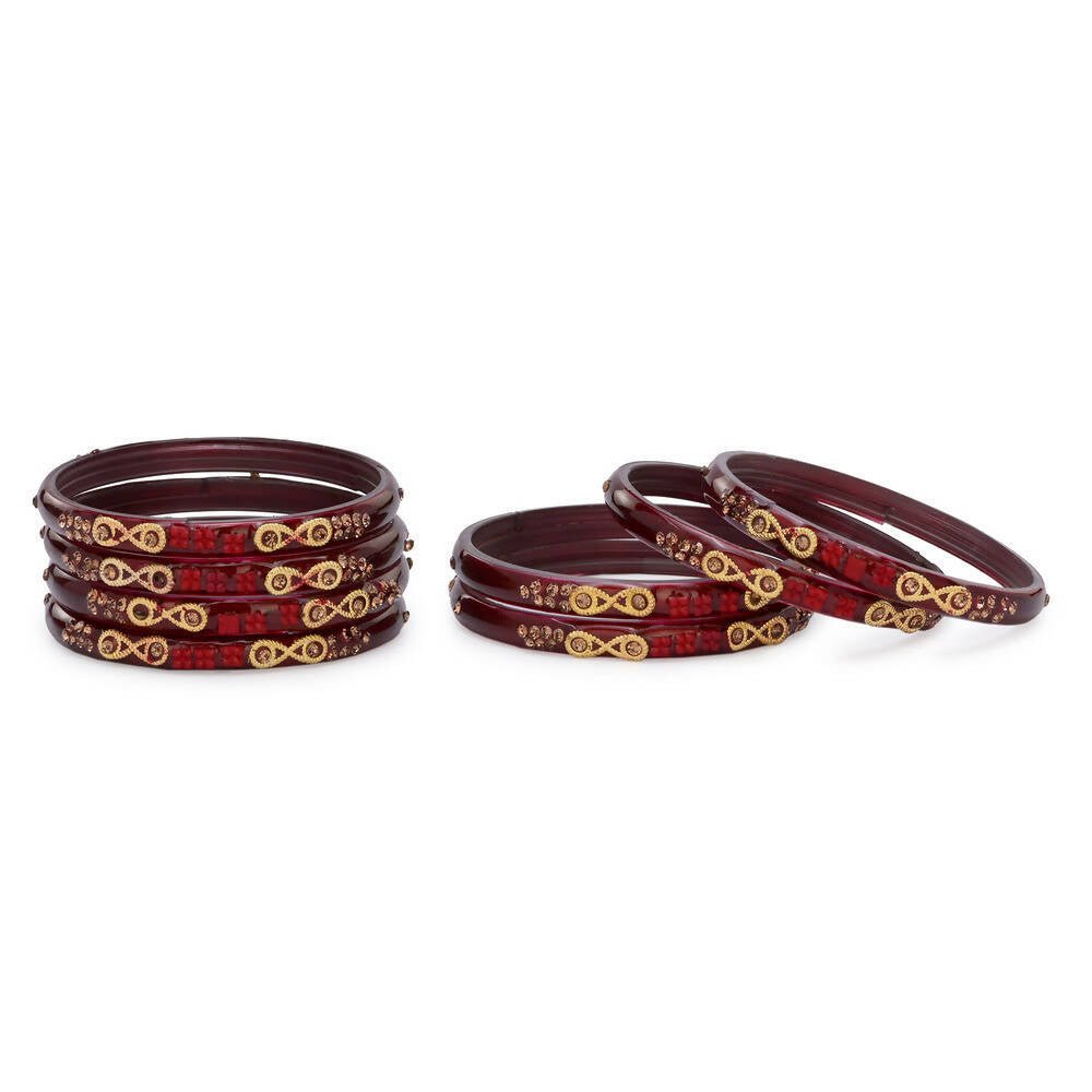 Afast Designer Fancy Party Bangle/ Kada Set, Maroon, Glass, Pack Of 8 - Distacart