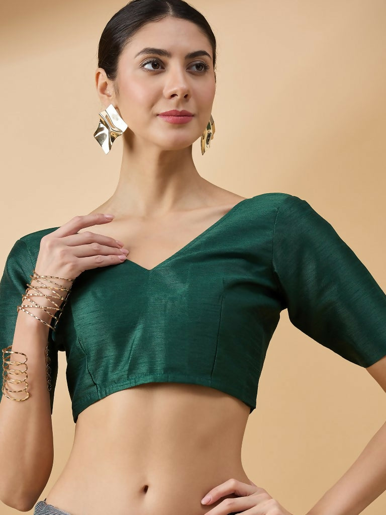Green Cotton Blend Thread Embroidered Saree with Unstitched Blouse - Satya - Distacart