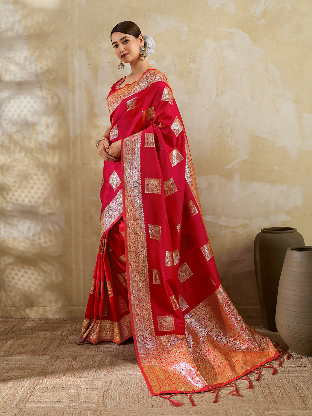Shree Shyam Fashion Red Silk Blend Saree - Distacart