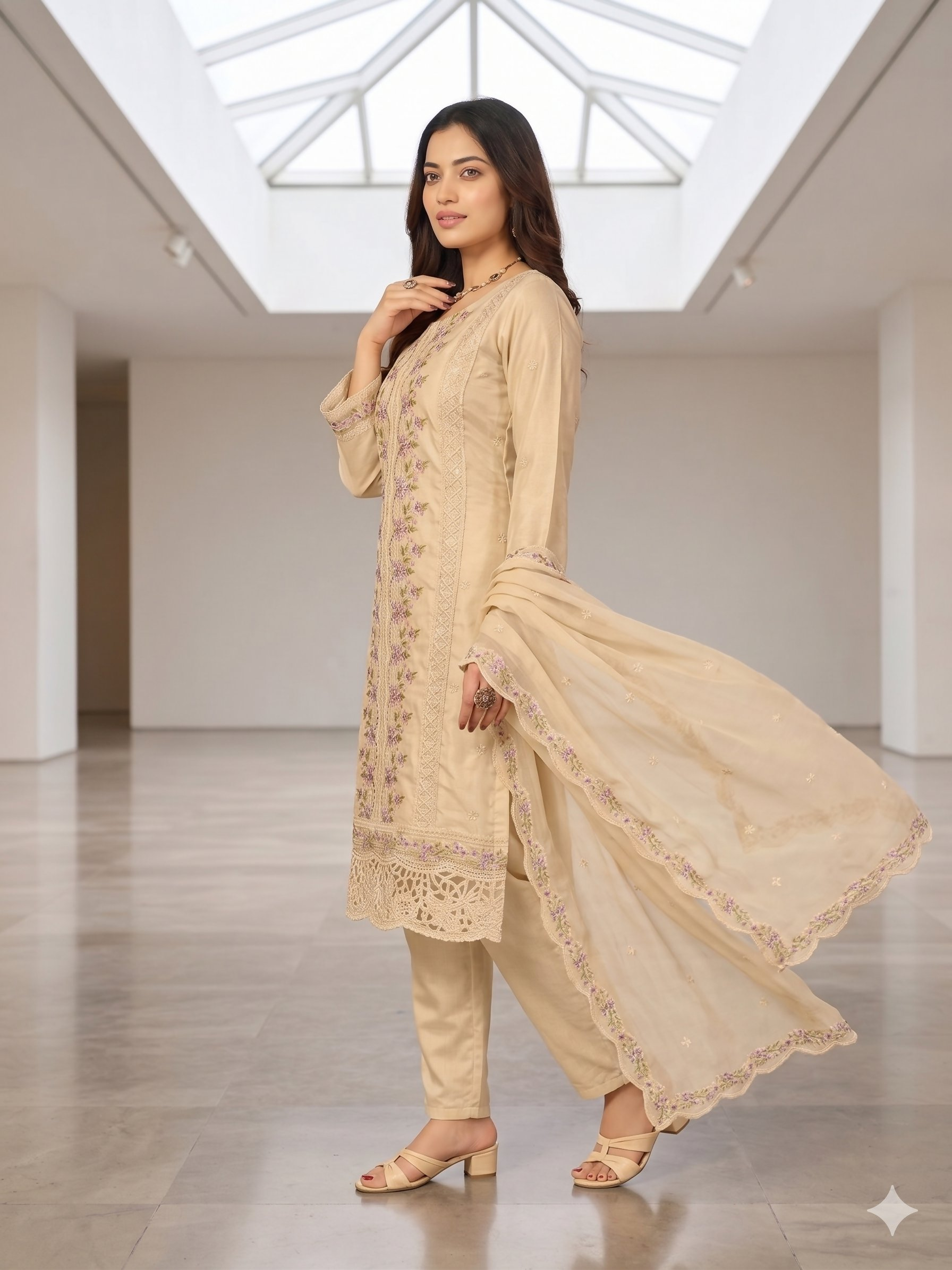 Teeya Creation Womens New Trendy Silk With Heavy Embroiedery With Sequence Work Beige Kurta Set - Dista
