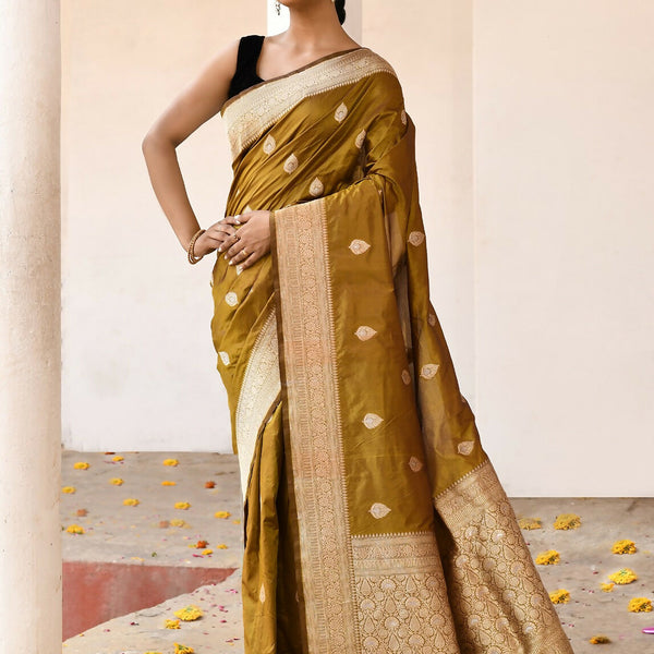 Joban Fashion Olive Pure Katan Pure Handloom Banarasi Silk Saree