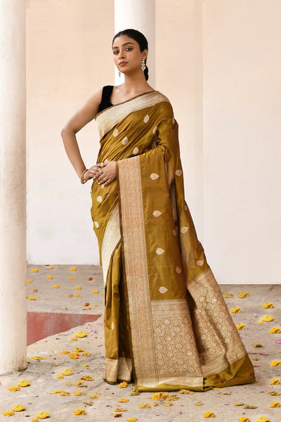 Joban Fashion Olive Pure Katan Pure Handloom Banarasi Silk Saree
