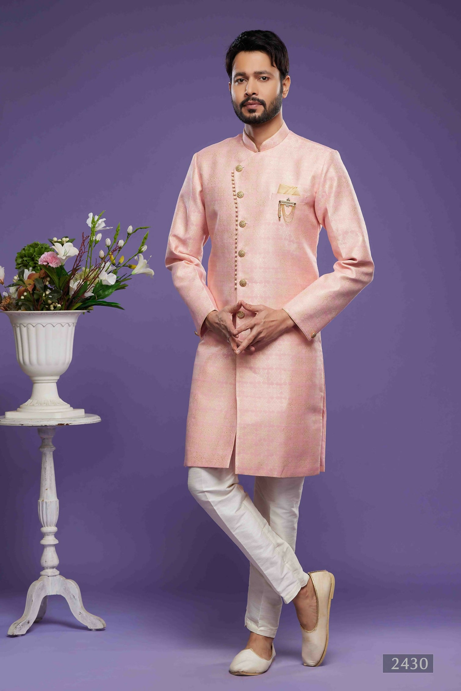 Raivat Ethnic Banarasi Jacquard Embroidery Semi Indo Western Sherwani In Pink Colour