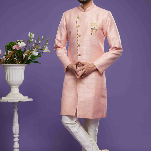 Raivat Ethnic Banarasi Jacquard Embroidery Semi Indo Western Sherwani In Pink Colour