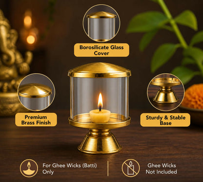 Not Available Pure Brass Ghee Diya for Puja with Glass Cover - Dista