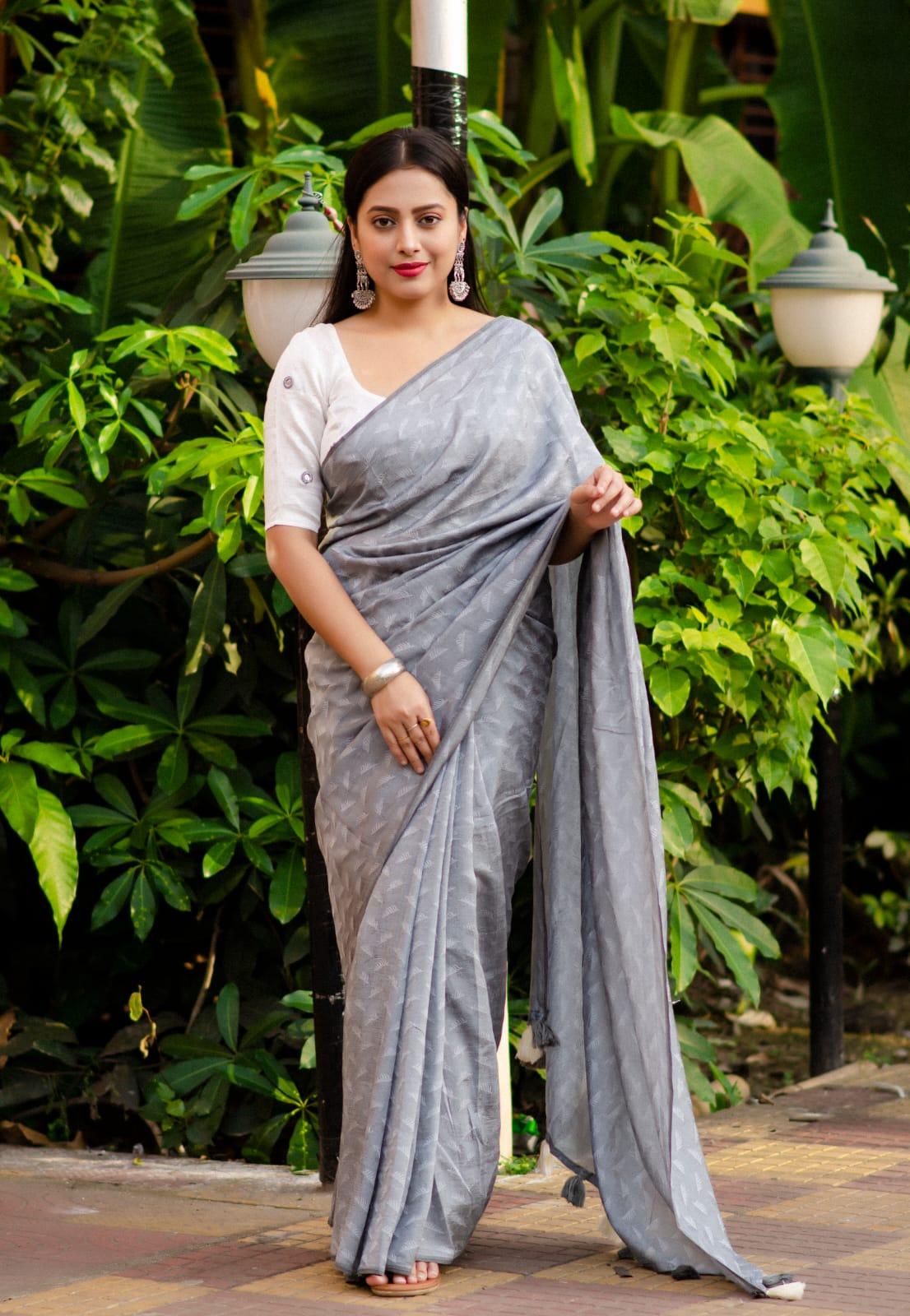 Grey Poly Georgette Woven Design Saree with Unstitched Blouse - A2M - Distacart