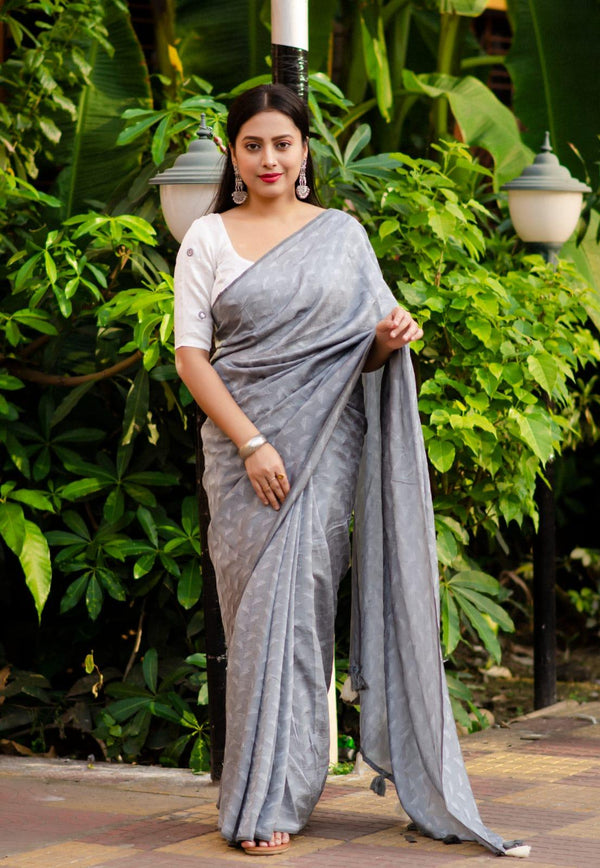 Grey Poly Georgette Woven Design Saree with Unstitched Blouse - A2M