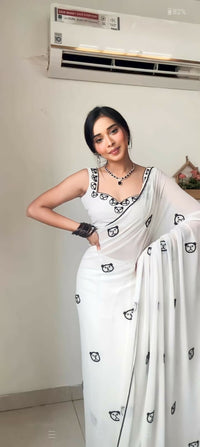 Thumbnail for Malishka Georgette Embroidery Ready To Wear Saree With Blouse Piece - White - Distacart