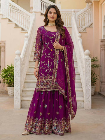 Teeya Creation Wine Faux Georgette Multi Thread Work Wedding Wear Sharara Set - Distacart