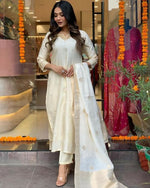 Thumbnail for The52 White Beautiful Embroidered Viscose Chanderi Fabric Straight Kurta Pant with Dupatta Set - Distacart