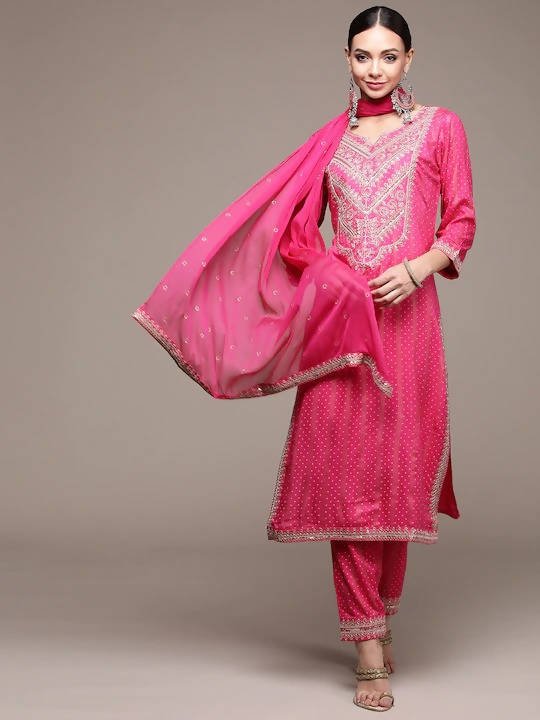 Anubhutee Pink Ethnic Motifs Embroidered Kurta with Trousers & With Dupatta - Distacart