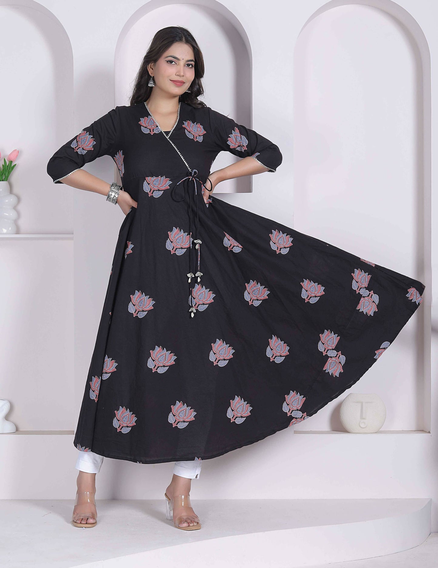 Miravan Womens Cotton Floral Print Anarkali Kurta-Black - Dista