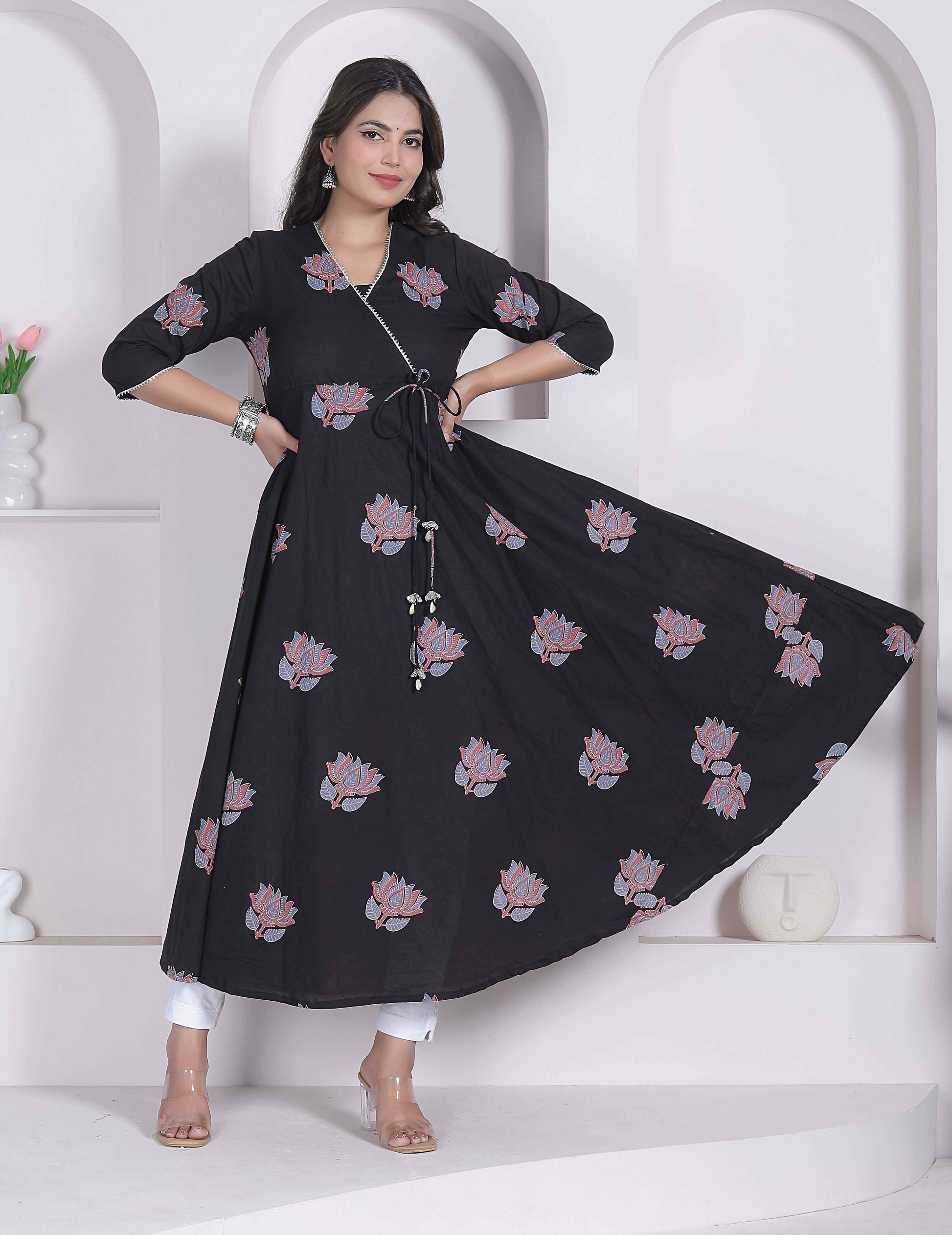 Miravan Womens Cotton Floral Print Anarkali Kurta-Black - Dista