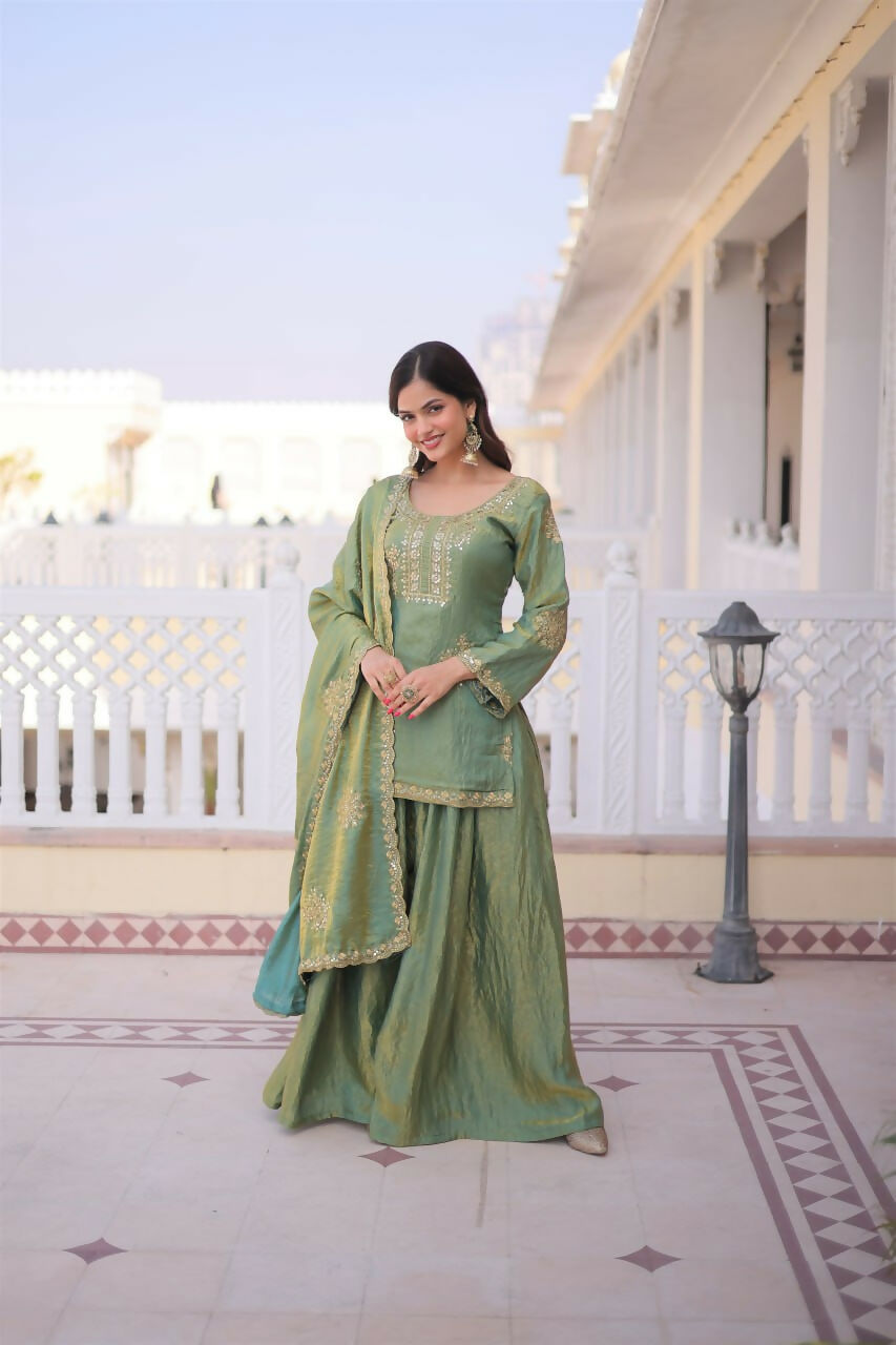 Teeya Creation Womens New Stylish Fendi Crush With Zari Sequins Embroidered Work Kurta Set - Dista