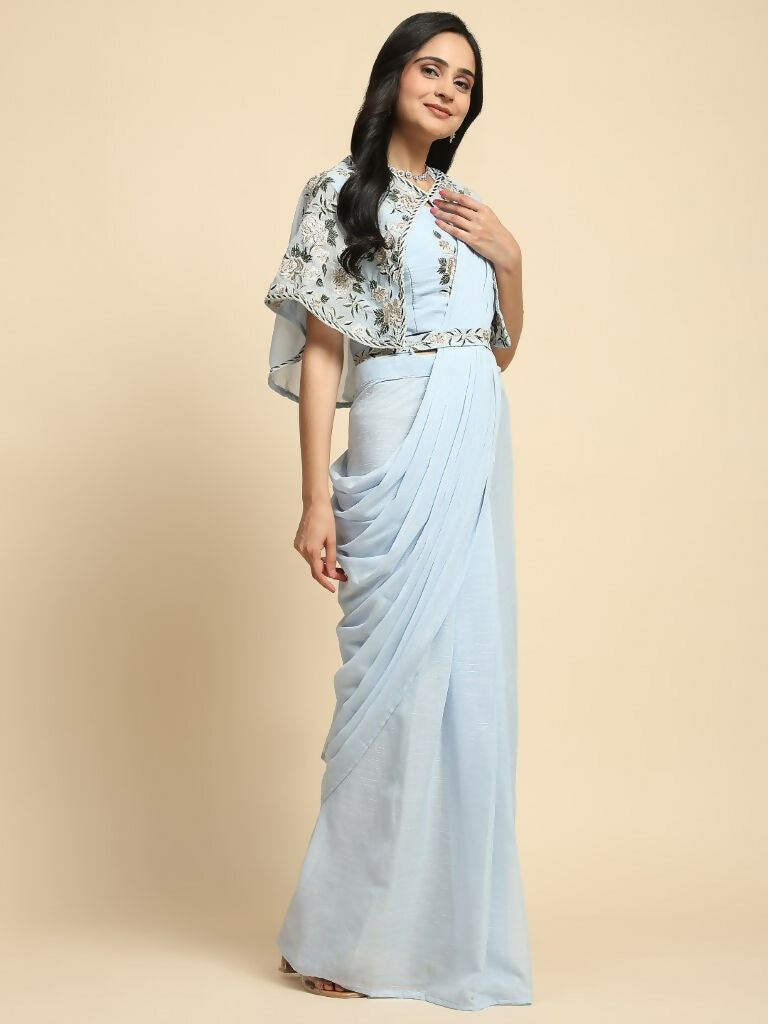 Blue Chiffon Solid Ready to wear Saree with stitched Blouse - Aayan - Distacart