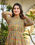 Thumbnail for Kaajh Women's Yellow Floral Handblock Print Cotton Dress - Distacart