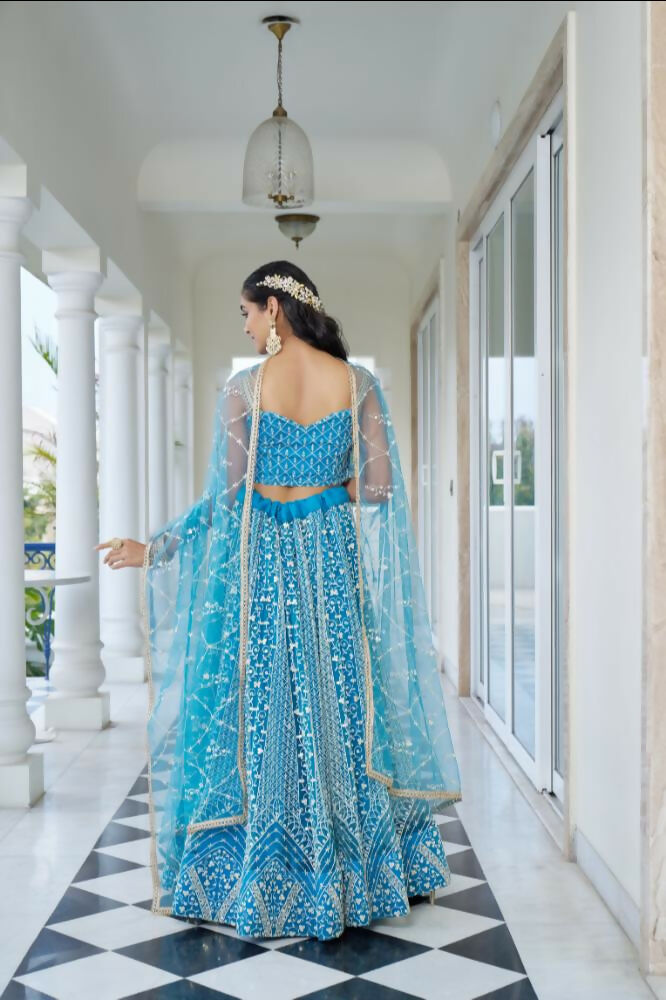 Aastha Fashion Sky Blue Butterfly Net White Cotton Thread Work And Sequence Work Embroidery Wedding Wear Lehenga Choli - Distacart