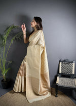 Thumbnail for Joban Fashion Off White Banarasi Soft Lichi Silk Checks & Woven Saree