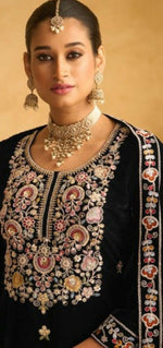 Thumbnail for Anaita Black Embroidered with Beads Velvet Stitched Plazo Suit - Distacart