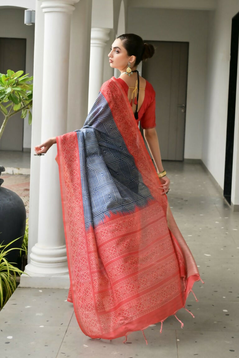 Vishnu Weaves Women's Red Soft Tussar Silk Printed Saree with Blouse