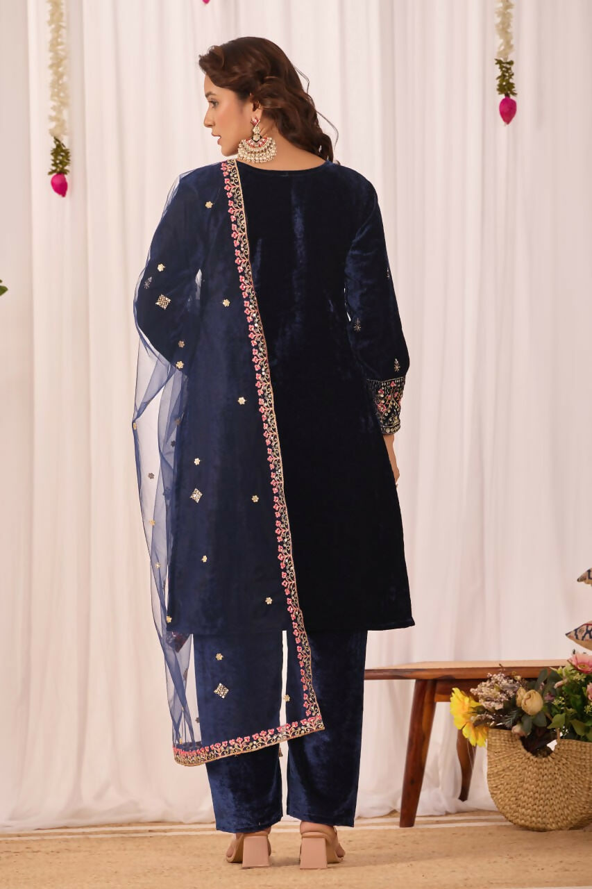 Joban Fashion Blue Velvet Embroidery Sequence Work Readymade Kurta Set - Distacart