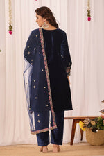 Thumbnail for Joban Fashion Blue Velvet Embroidery Sequence Work Readymade Kurta Set - Distacart