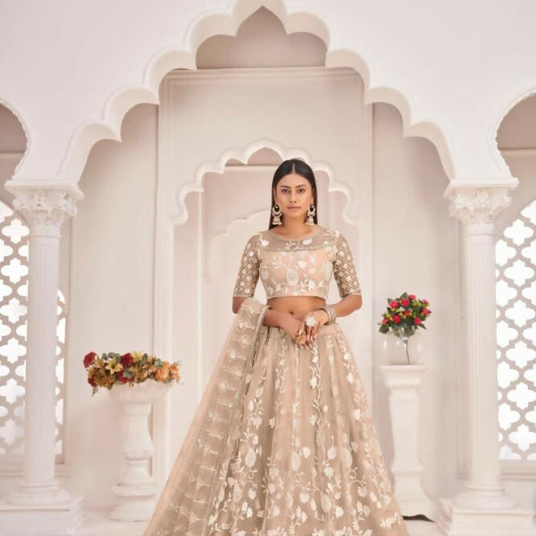Aastha Fashion Dusty Chiku Butterfly Net White Cotton Thread Work, Zari Work And Sandwich Sequence Work Embroidery Wedding Wear Lehenga Choli - Distacart