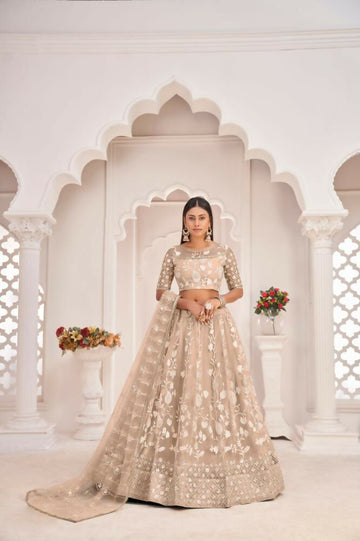 Aastha Fashion Dusty Chiku Butterfly Net White Cotton Thread Work, Zari Work And Sandwich Sequence Work Embroidery Wedding Wear Lehenga Choli - Distacart