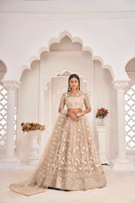 Thumbnail for Aastha Fashion Dusty Chiku Butterfly Net White Cotton Thread Work, Zari Work And Sandwich Sequence Work Embroidery Wedding Wear Lehenga Choli - Distacart
