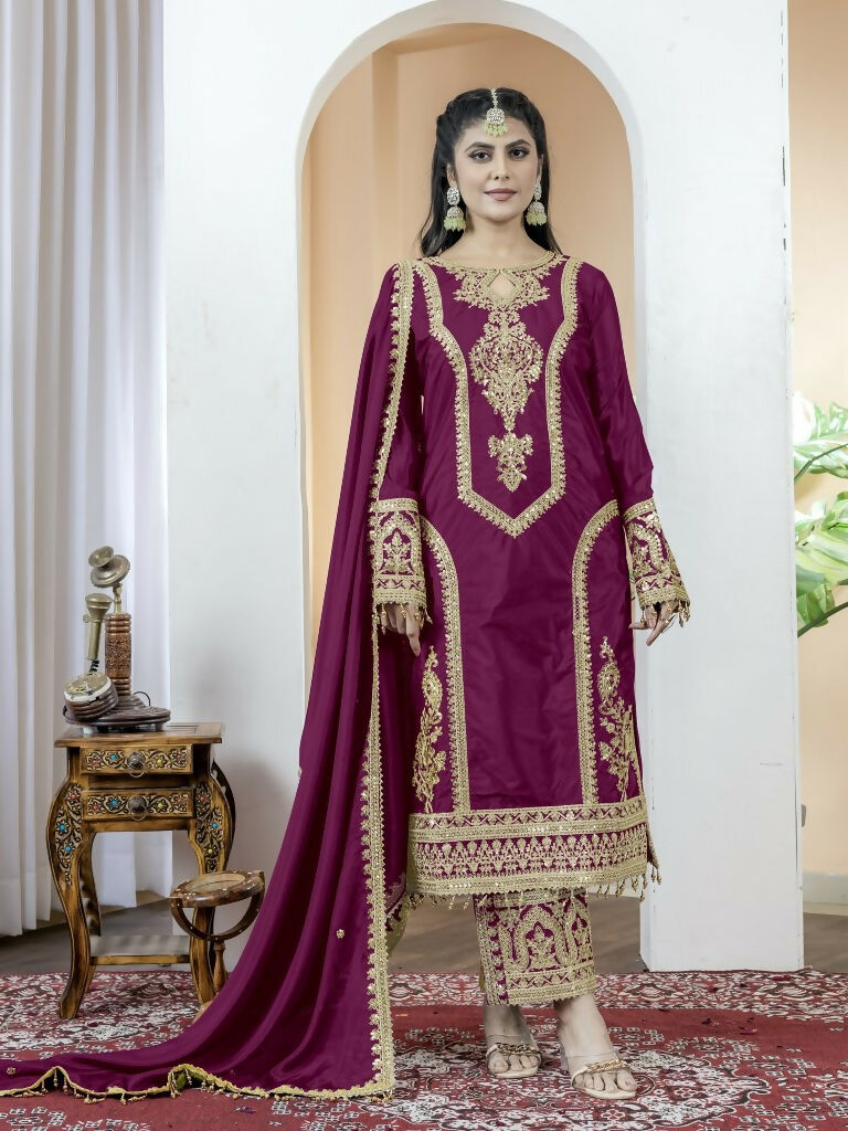 Teeya Creation Wine Color Chinnon Silk Embroidery Work Fully Stitched Salwar Suit
