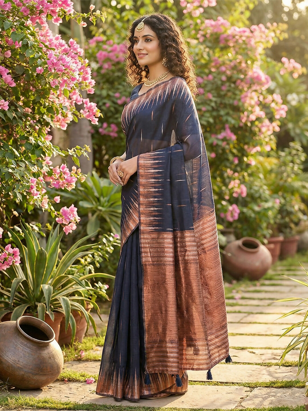 Shree Shyam Fashion Navy Blue Linen Cotton Saree - Distacart