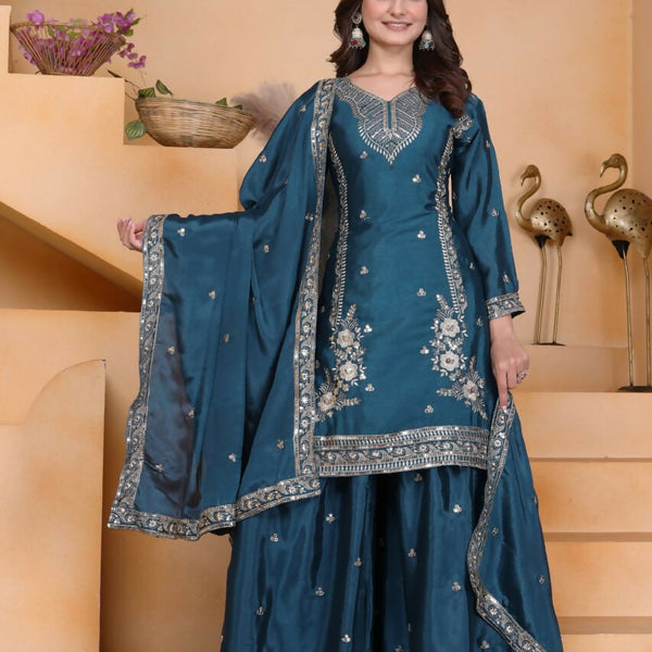 Joban Fashion Teal Crepe Embroidered Sharara Set - Distacart