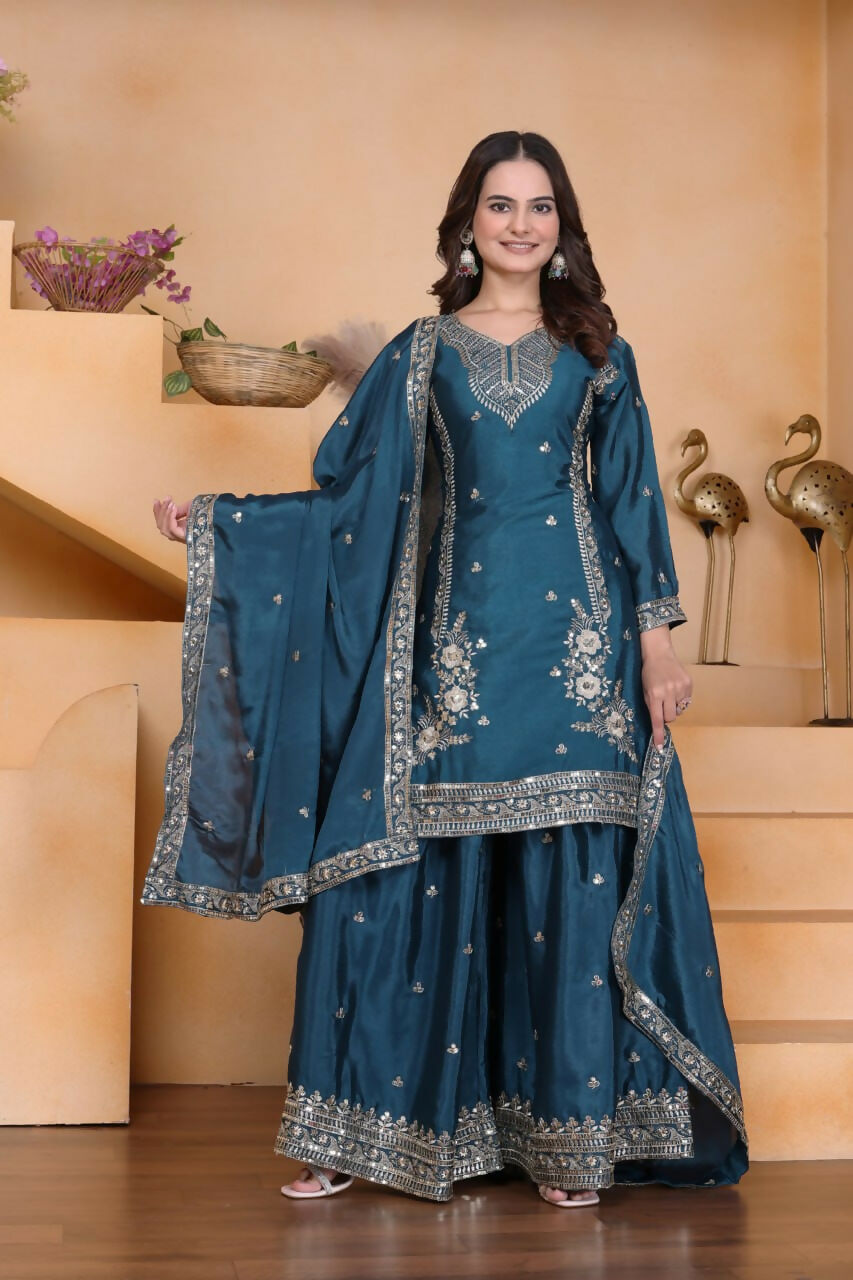 Joban Fashion Teal Crepe Embroidered Sharara Set - Distacart