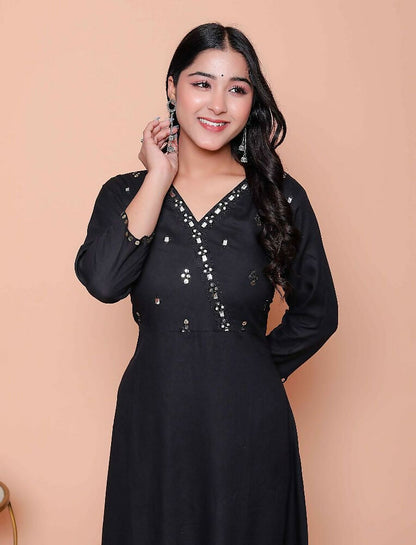 Miravan Womens Black Mirror Work Angrakha Kurta And Palazzo Set - Distacart