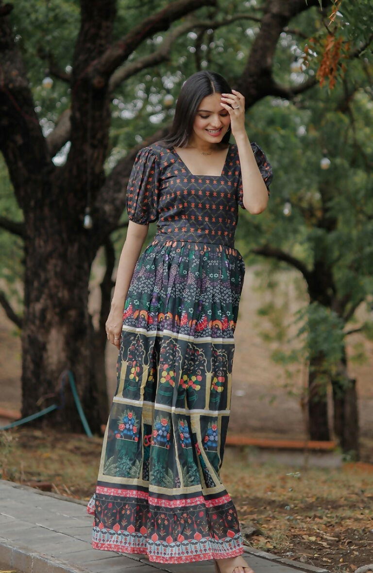Jyoti Fashion Women's Black Heavy Digital Printed Pure Chanderi Anarkali Dress - Distacart