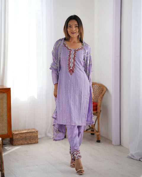 Joban Fashion Light Purple Kurta set with Pant Chinon silk Thread with Sequins work