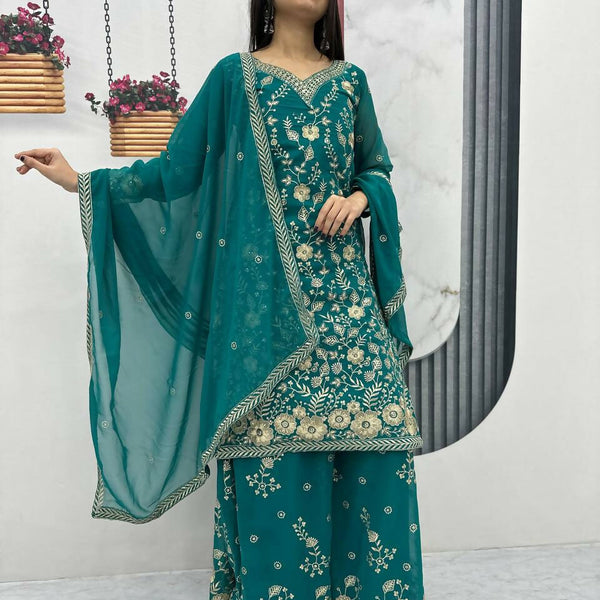 Teeya Creation Womens New Heavy Fox Georgette Fabric With Heavy Embroidery Work Green Kurta Set - Dista
