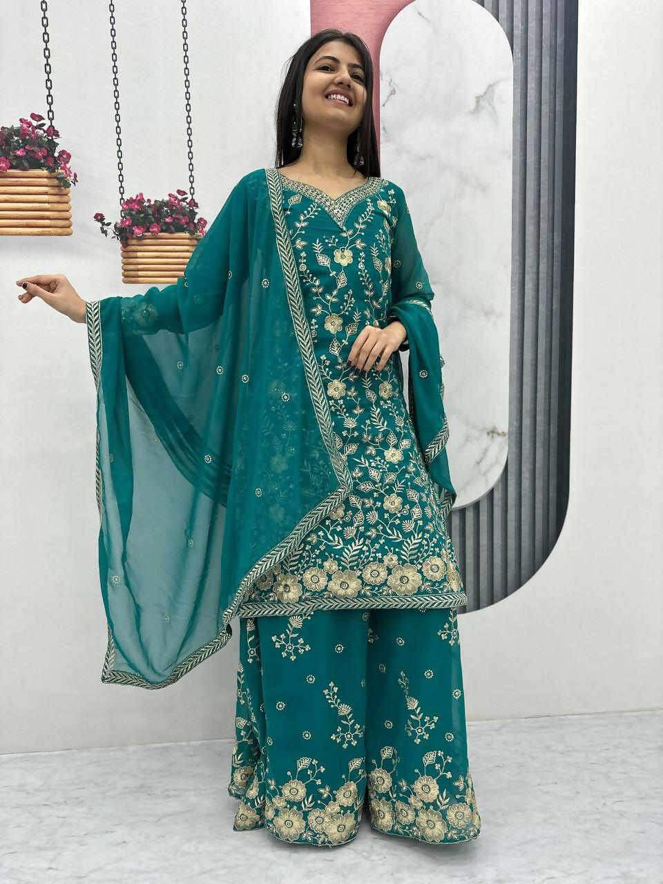 Teeya Creation Womens New Heavy Fox Georgette Fabric With Heavy Embroidery Work Green Kurta Set - Dista