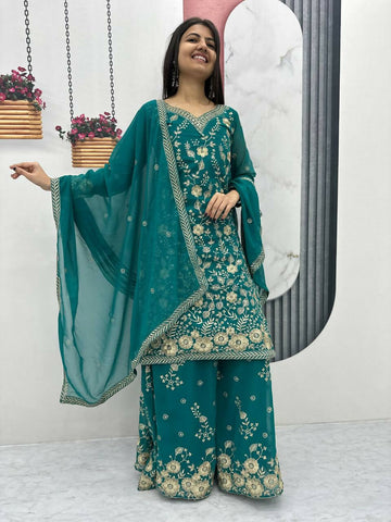 Teeya Creation Womens New Heavy Fox Georgette Fabric With Heavy Embroidery Work Green Kurta Set - Dista
