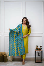 Thumbnail for The52 Lemon Beautiful Embroidered Viscose Chanderi Fabric Straight Kurta Pant with Dupatta Set - Distacart