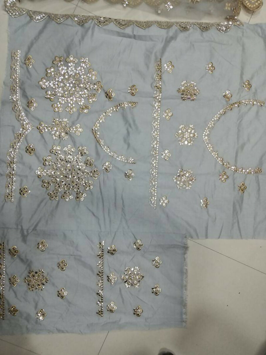 Jyoti Fashion Glamorous Grey Zari With Paper Mirror Embroidered Net Lehenga Choli with Dupatta - Distacart