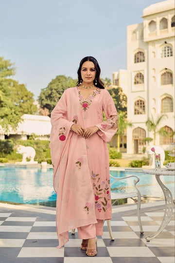 Teeya Creation Premium Peach Chanderi Silk Floral Embroidered Straight Kurta Pant Set With Dupatta For Women - Dista