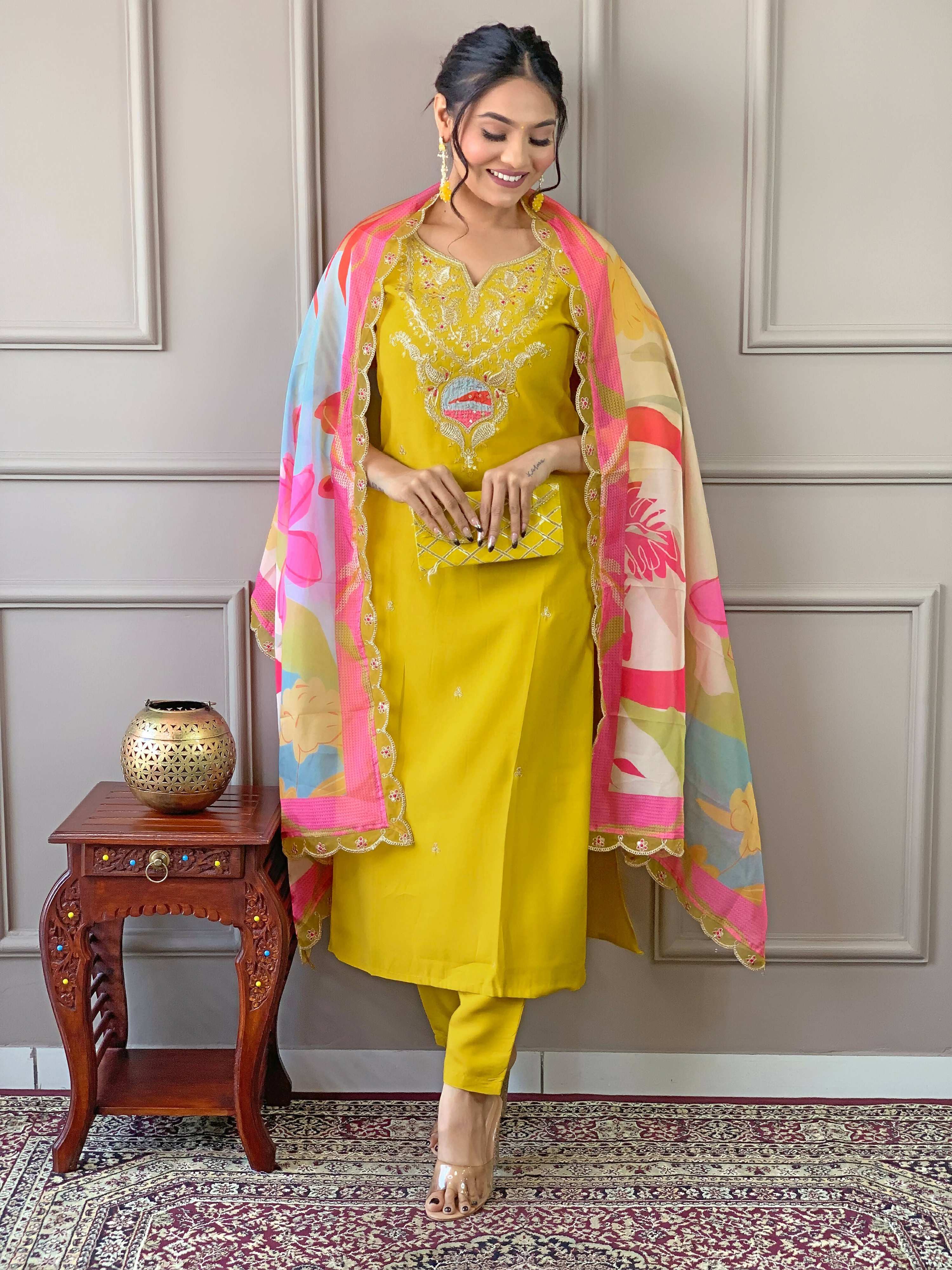 PartywearDesigner Viscose Yellow Stitched Suit With Dupatta - Tanisha - Distacart
