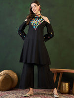 Thumbnail for Sangria Embroidered Halter Neck Kurta & Palazzo With Bag - Distacart