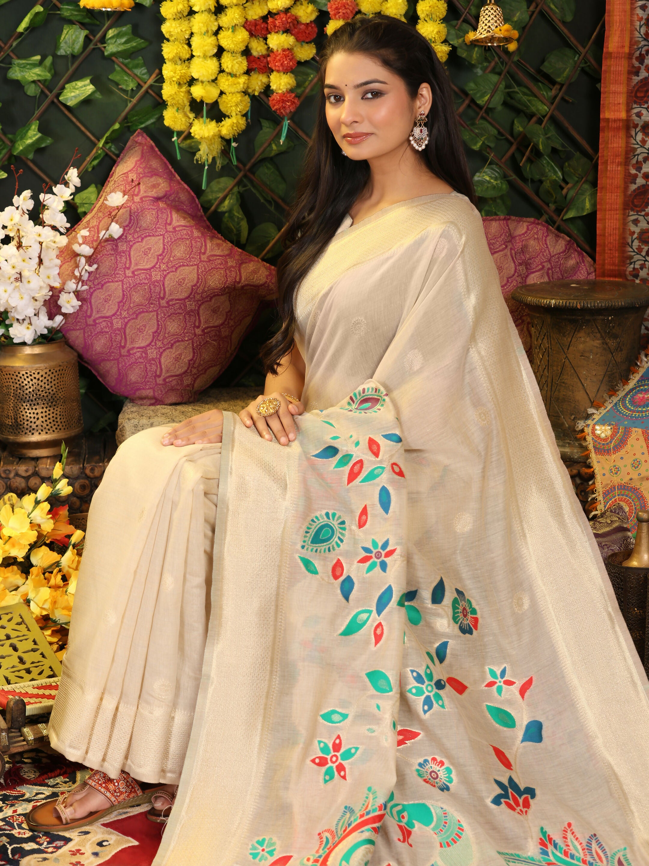 Astita Linen Cotton Cream Saree